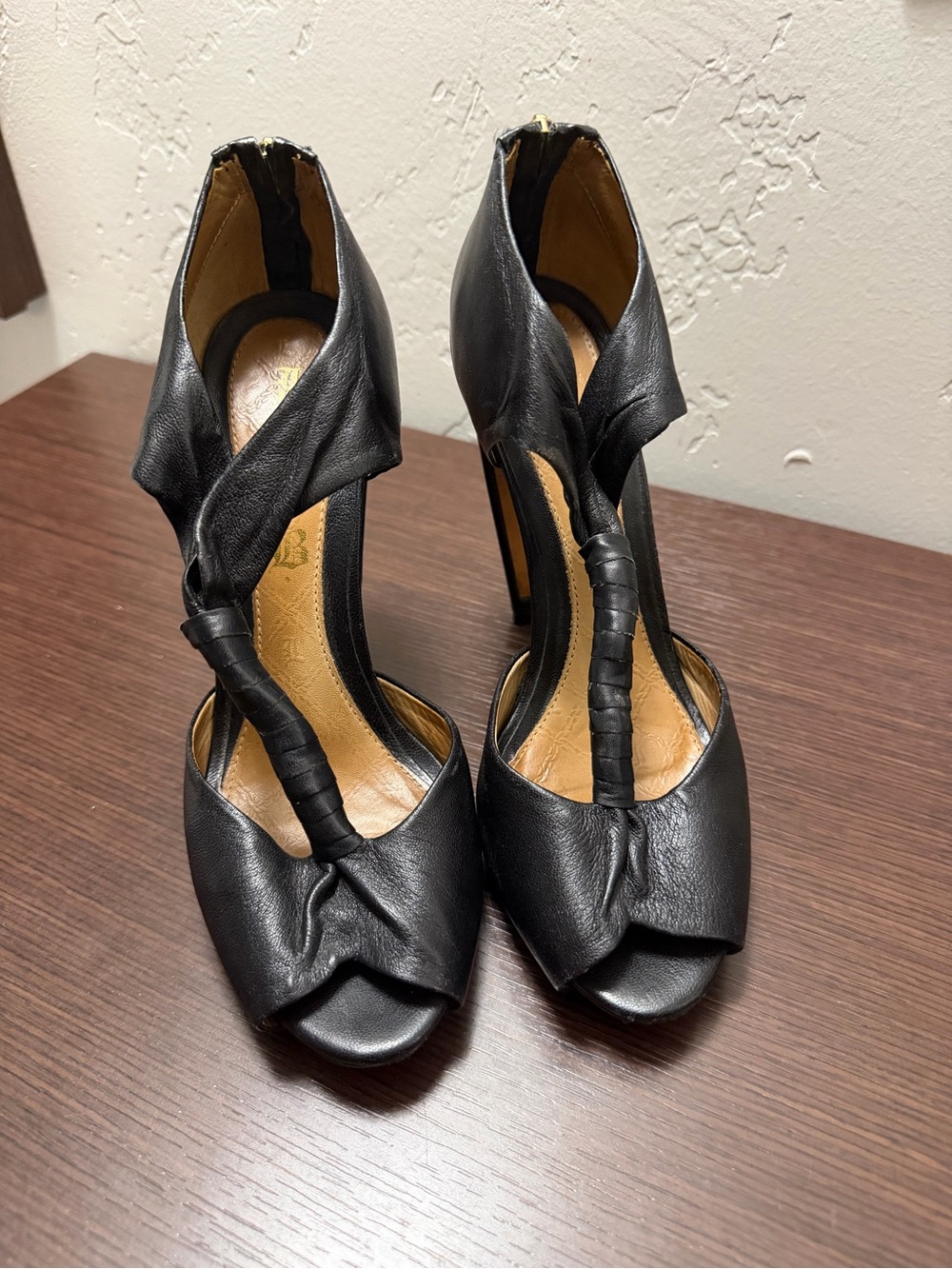 L.A.M.B. Black Knotted T-Strap Peep-Toe Stiletto Heels